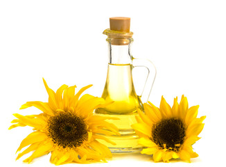sunflower oil and sunflowers on a white background