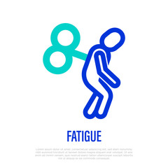 Fatigue, stress, depression. Tired man with clockwork in back. Thin line icon. Vector illustration.