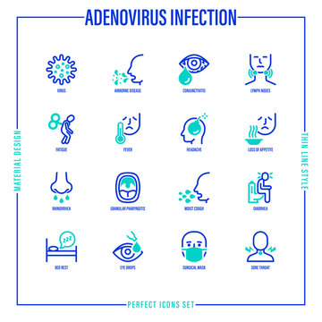 Adenovirus infection thin line icons set. Airborne disease, lymph nodes, fever, headache, runny nose, pharyngitis, moist cough, surgical mask, sore throat. Vector illustration of coronavirus symptoms