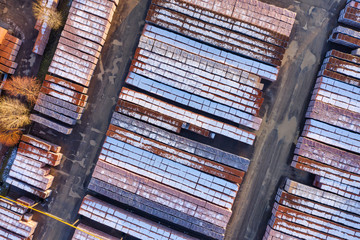 Stacks of bricks in a yard of brick factory plant aerial
