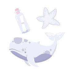 Vector sea animal - whale, starfish, bottle. Cartoon illustration of marine life objects for your design. Isolated elements for kids book decoration, postcard, educational game, sticker.