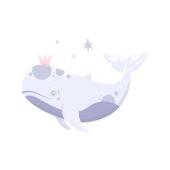 Vector sea animal whale with crown. Little animal. Cartoon illustration of marine life objects for your design. Isolated elements for kids book decoration, postcard, educational game, sticker.