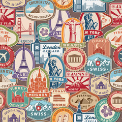 Travel pattern. Immigration stamps stickers with historical cultural objects travelling visa immigration vector textile seamless design. Illustration of sticker travel, national landmark label - 321075213