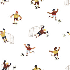 Fun and dynamic seamless pattern with different teams football players running. Trendy hand drawn style wallpaper, coverage, fabric or textile print design. Flat vector isolated illustration.
