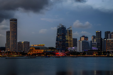 Fototapeta na wymiar July 13/2019 blue hour at Marina bay look from Bayfront South Private Jetty, Singapore