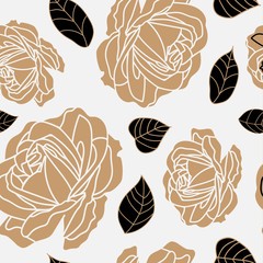 seamless pattern with golden roses and black golden frame leaf in light gray background. Luxurious and vintage style for valentines, home decor, background, package, gift, wall paper, graphic design.