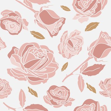 seamless pattern of pink roses and gold leaves in dark blue background. Romantic and vintage style suitable for valentines product, home decor, background, package, gift, wall paper, graphic design.