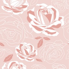 seamless pattern with colorful pink roses and leaves in light background. Romantic and vintage style for valentines product, home decor, background, package, gift, wall paper, graphic design.