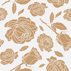 seamless pattern with golden roses and leaves in light gray background. Romantic and vintage style suitable for valentines product, home decor, background, package, gift, wall paper, graphic design.