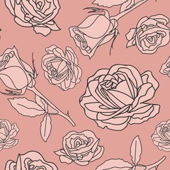 seamless pattern with pink-color and blue frame roses in pink background. Romantic and vintage style for valentines product, home decor, background, package, gift, wall paper, graphic design.