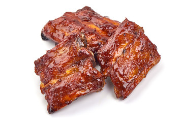 Roasted pork spare ribs in bbq sauce, spicy food, isolated on white background