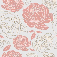seamless pattern with pink colors and frames of roses and leaves in light background. Romantic and vintage style for valentines product, home decor, background, gift, wall paper, graphic design.