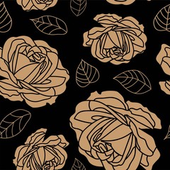 seamless pattern with golden roses and leaf in black background. Luxurious and vintage style suitable for valentines product, home decor, background, package, gift, wall paper, graphic design.