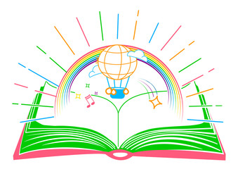 book and balloon under the rainbow