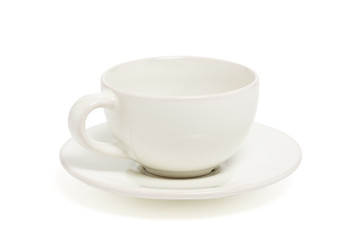 Empty white coffee cup on plate top view isolated on white background. With clipping path