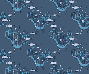 Hand drawn underwater natural ocean elements. Seamless pattern with reef corals. Vector sketch. Abstract seamless pattern. Creative background with geometric figures.