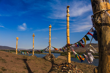 Kyzyl, Russia - August 14, 2015: mystical religious shamanistic statue made of wood. Pagan image carve