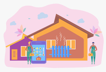 Smart home heating with a smartphone. Workers are repairing a heating system, home heating technology, home energy saving concept. Colorful vector illustration