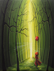 Girl with a balloon walking towards the light. Green earth and hope theme.