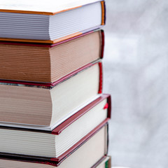 A lot of multi-colored books stand on a white wooden shelf against the backdrop of winter forest