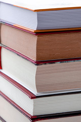 A lot of multi-colored books stand on a white wooden shelf against the backdrop of winter forest
