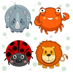 Set of beautiful circles icons from animals for design and kids, rhino, crab, lion and ladybug.