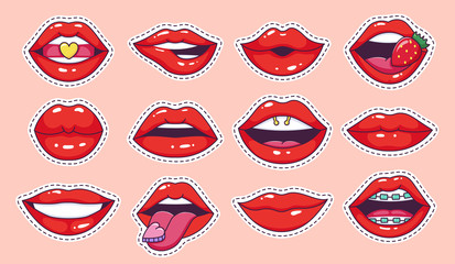 Lips pop art stickers. Cool vintage comic girl lips badges, teenage cartoon patch, candy lips with strawberry glossy lipstick vector illustration icon set. 80s, 90s female mouth fashion labels