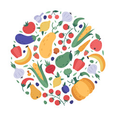 Vegetables and fruits pattern. Kitchen veggies and fruits hand drawn doodle rounded poster, fresh organic vegetarian wrapping, healthy lifestyle vector colourful background. flat healthy menu design