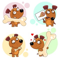 Fototapeta premium Set of dog characters. An angry dog with a small bone, pleased with a large bone, the dog is on strike and the dog loves bone.