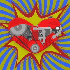 Steampunk motor heart retro poster. Vector.