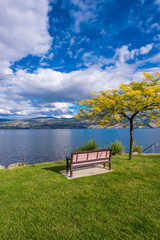 Obraz premium A bench with gorgeous view at mountain lake, British Columbia, Canada.