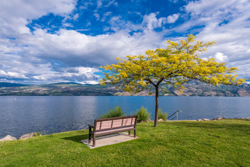 A bench with gorgeous view at mountain lake, British Columbia, Canada.