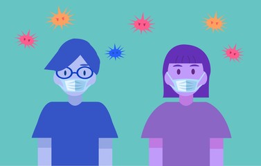 Man and woman in face surgery mask with virus. Medical image for illness and disease prevention. Graphic vector illustration set with bold colors.