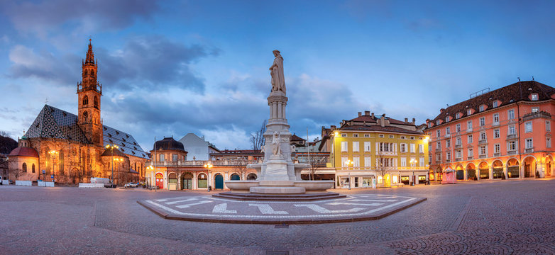 Bolzano, Italy. Cityscape image of historical city of Bolzano, Trentino, Italy during twilight blue hour.