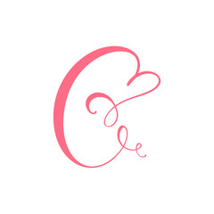 Vector Vintage floral monogram letter C. Calligraphy element heart logo Valentine card flourish frame. Hand drawn Love sign for page decoration and design illustration