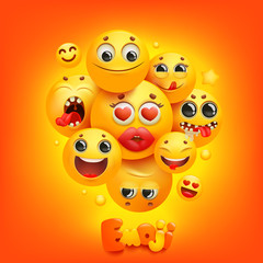 Emoji cartoon group smile character in 3d style on yellow background. Facial expression.
