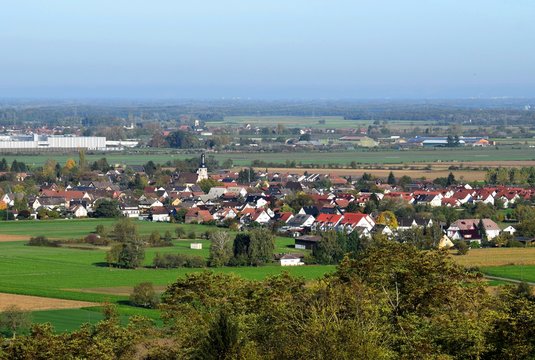 view from the Schutterlindenberg towards the town of Hugsweier and industrial district in Lahr, Baden Germany