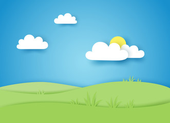 Green vector landscape. Paper cut style.