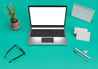 3d rendering of minimal office table desk. Workspace with laptop, notebook, pencils, plant pot, calendar and glassed. Flat lay, top view.