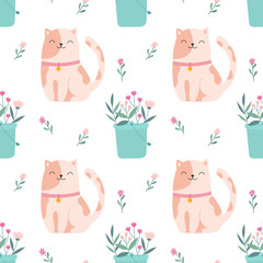Seamless pattern cute kitten with a bouquet of flowers. Spring mood, home plants. Cartoon vector print for wrapping, kids clothing, fabric, wallpaper,  bed textile.