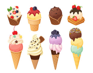 Cartoon gelato and waffle cones with ice cream balls. Ice cream food in chocolate strawberry mint and vanilla flavors. Various toppings waffle cups and sundae.  Vector illustration desserts part 2/5