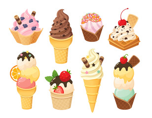 Cartoon ice cream and waffle cones with gelato balls. Ice cream dessert food in chocolate strawberry mint and vanilla flavors. Various toppings waffle cups and sundae.  Vector illustration part  1/5