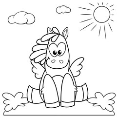 Cute cartoon pony sitting on the meadow. Black and white illustration for coloring book