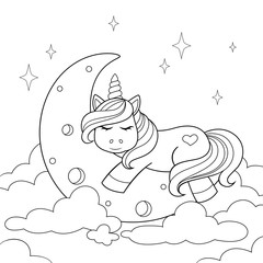 Cute cartoon unicorn sleeping on the moon in clouds. Black and white illustration for coloring book