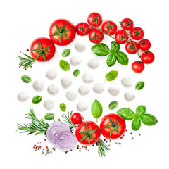 Mozzarella,  basil leaf, rosemary and tomatoes  isolated  on white background.Creative layout made of fresh vegetables. Flat lay. Top view