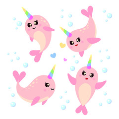 Set of cute cartoon narwhals. It's a girl © alka5051