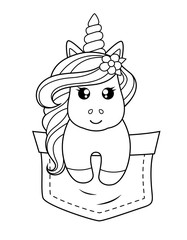 Pocket unicorn. Black and white vector illustration for coloring book