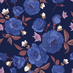 Vector floral seamless pattern with blue roses, chrysanthemums and white jasmine - 321084288