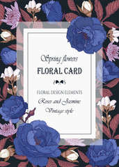 Vector floral greeting card with a frame of watercolor blue roses, chrysanthemums and white jasmine