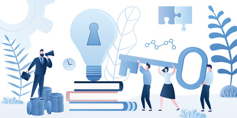 Path to success, brainstorming and motivation background. Big idea bulb with key hole and business people holding key.